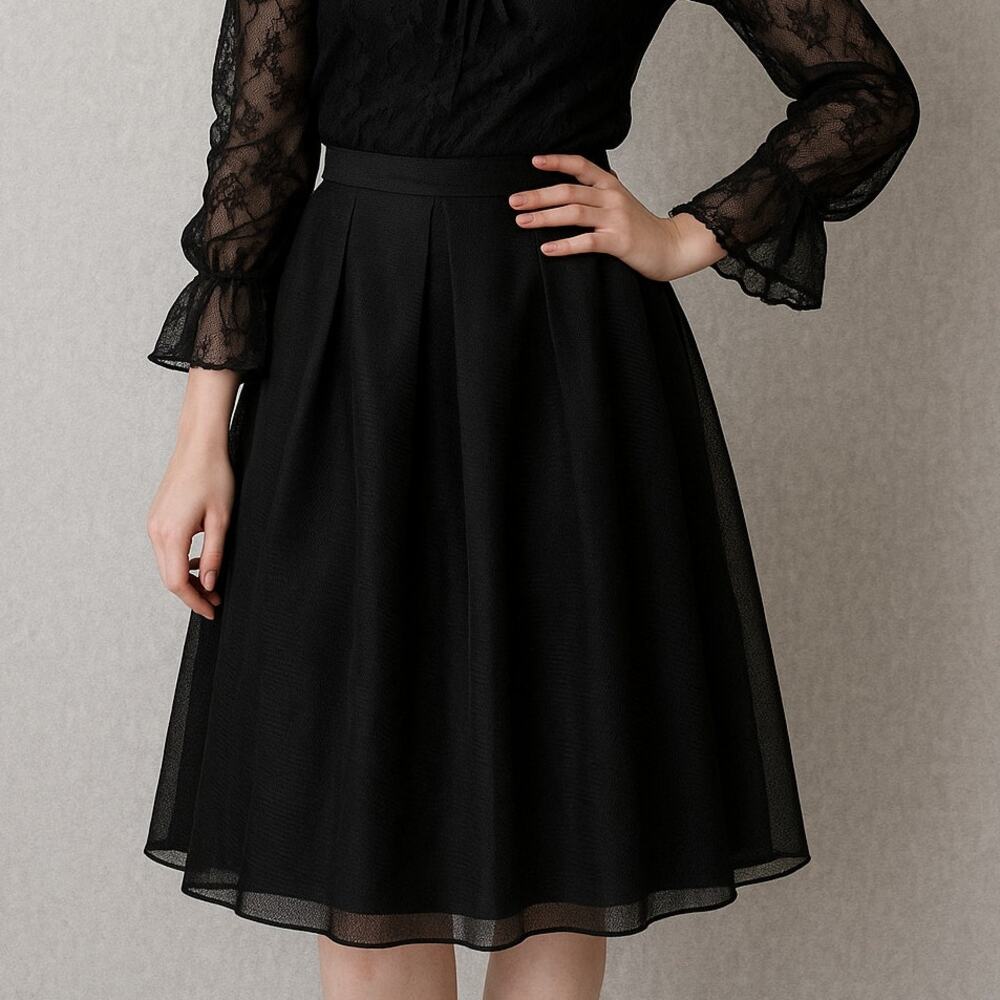 Maitai Black Pleated Midi Skirt Women’s Size M Mesh Overlay A-Line Whimsigoth